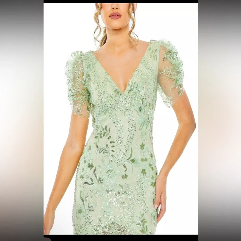 Mac Duggal Size 8 Mint Green 68266 Puff Sleeve V-Neck Embellished Midi Dress New - Picture 3 of 15